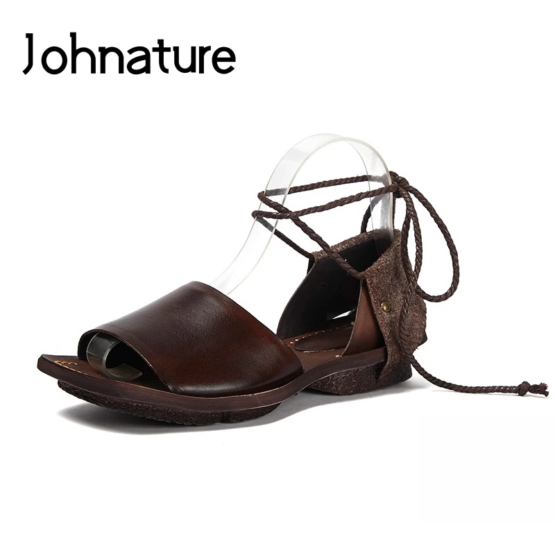 

Johnature Genuine Leather Flat Sandals Lace-up Casual Solid Retro Cross-tied Ankle Strap Flat With New Summer Soft Women Shoes