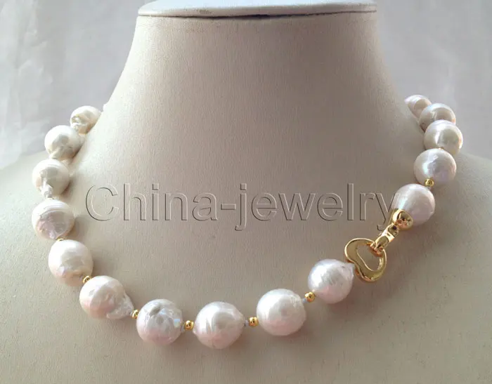 

FREE SHIPPING *******Beautiful 17" 17mm white Reborn Keshi baroque FW pearl necklace-14KGP gold plated