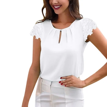 

Women Chiffon Pleated Office Lady Shirt Top O-neck Short Sleeve Button Slim Solid Blouse 2020 Summer Fashion Female Shirts Tops