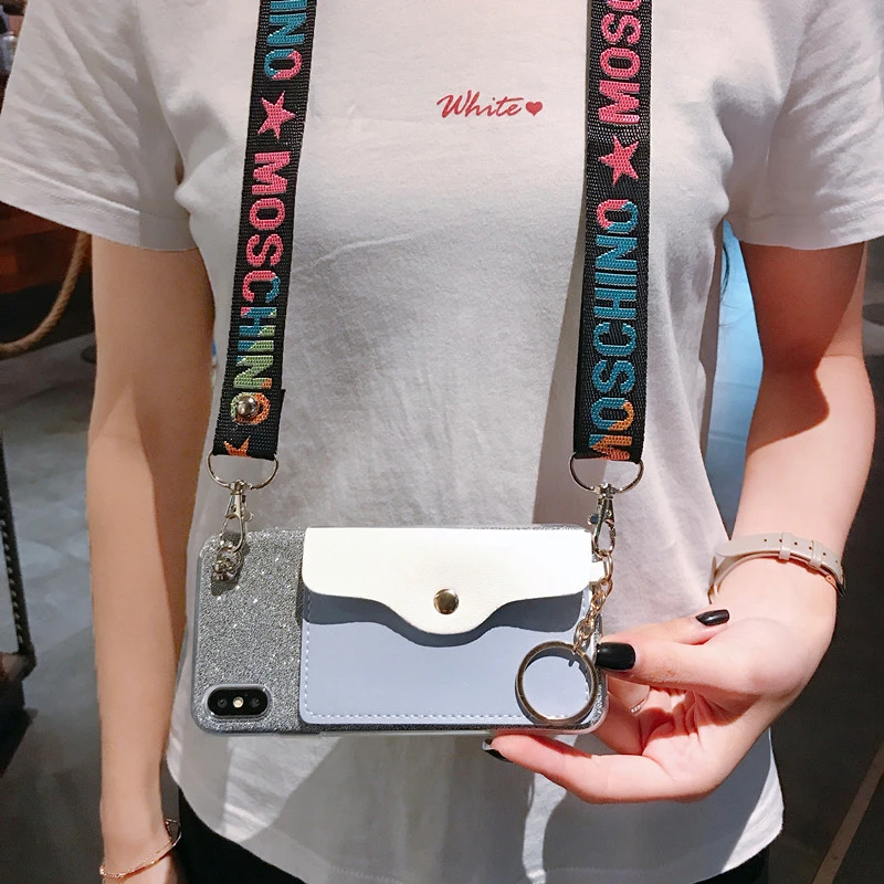 

Sdreefge Card Bag Glitter TPU Cover For iPhone X 6 6S 7 8 plus Phone Case With Lanyard For iphone XR XS Max Back Cover