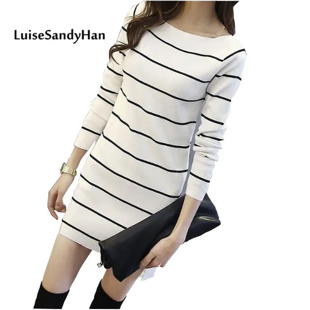 

Autumn Long Pullovers 2016 Women Sweater Dress High Quality Sweater Women Cheap Winter Clothes Stripe Tops