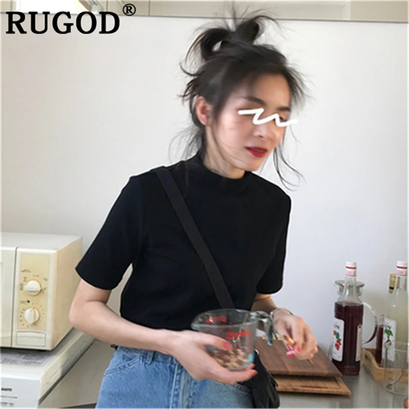 Женские футболки с высоким воротником RUGOD красные коротким рукавом в Корейском