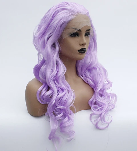 Violet Long Wavy Lace Front Wig Synthetic Hair Light Purple Glueless Body Wave Wigs for Women Lavender Heat Resistant Fiber -11