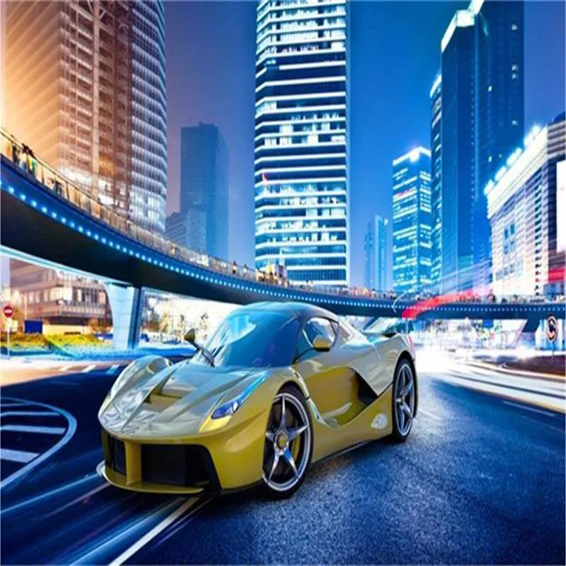 Прохладный Желтый спортивный автомобиль Городской Ночной пейзаж 3D Настенные обои Современная личность Ресторан клубы КТВ Бар Декор интерьера