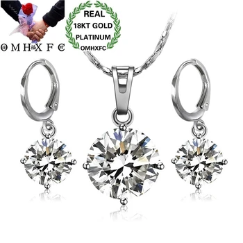 

OMHXFC Wholesale European Fashion Woman Girl Party Wedding Gift Simple Zircon 18KT Gold Necklace+Drop Earrings Jewelry Set ET23