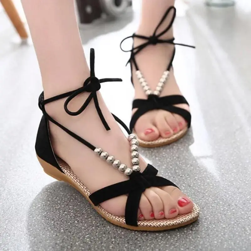 

2019 New Fashion Women Summer Casual Beaded Flats Roman Sandals Open Toe Wedge Bandage Shoes LBY2019