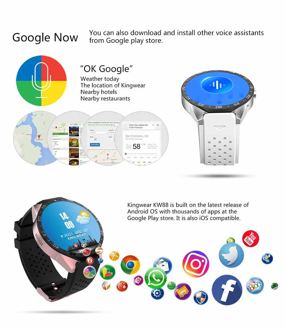  696 2018 KW88 Android 5.1 Smart Watch Phone MTK6580 quad core 1.3GHZ ROM 4GB + RAM 512MB 1.39 inch 