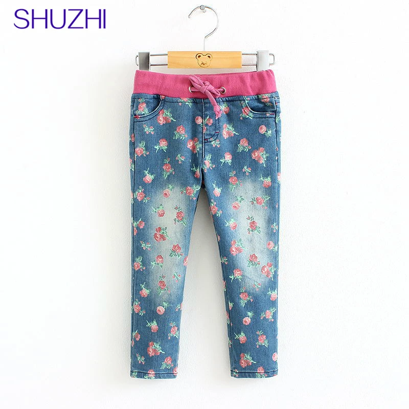 SHUZHI Sale!! girls jeans baby girl Elastic Waist jeans kids flowers