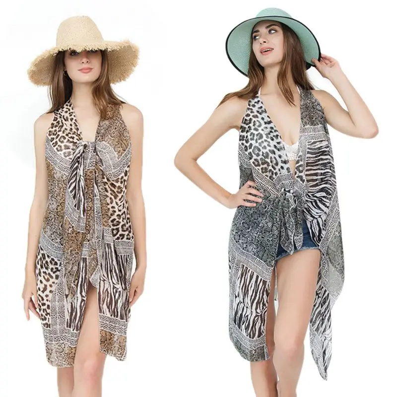 

Women Summer Vest Style Shawl Hollow Out Swimsuit Cover Up Leopard Zebra-Stripes Patchwork Printed Wrap Skirt Cardigan Asymmetri