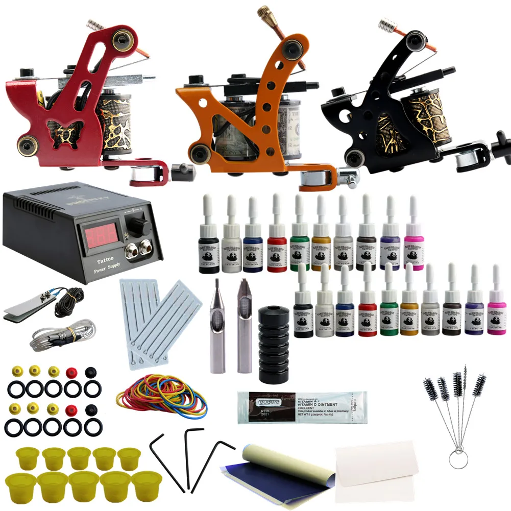 Professional Tattoo Kits 20 Ink Set Complete Set 3 Tattoo Machine Gun