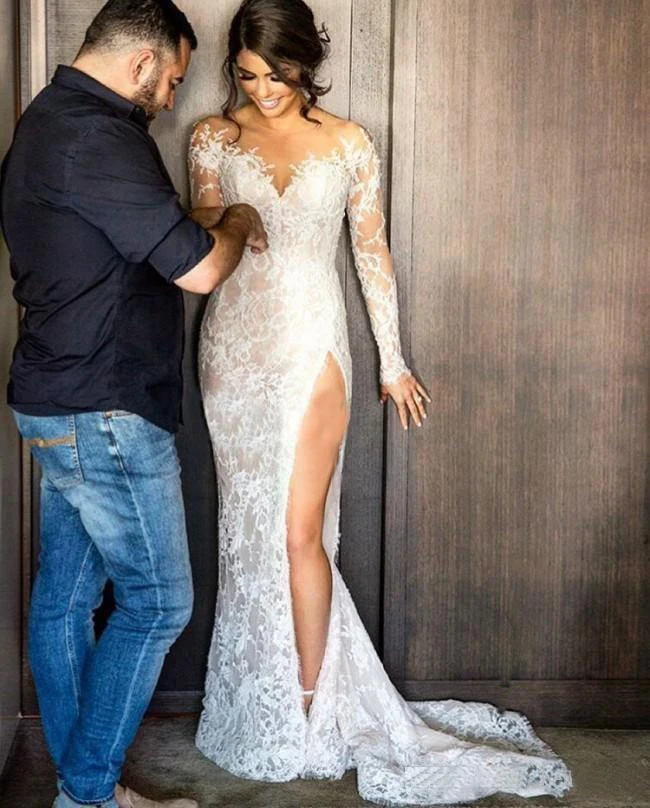 Сексуальное кружевное свадебное платье русалки с аппликацией, с длинным рукавом, со съемным шлейфом, платье невесты на заказ, Vestido De Noive