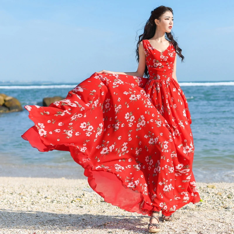 

LYNETTE'S CHINOISERIE 2017 Summer Women one-piece dress sexy red full print chiffon dress