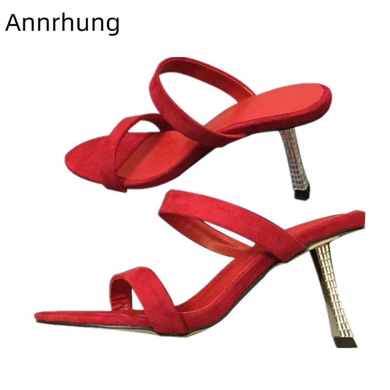 

2019 Newest One-Strap High Heel Suede Slippers Women Open Toe Stiletto Heel Slingback Shoes Rhinestone Heel Slides Zapatos Mujer