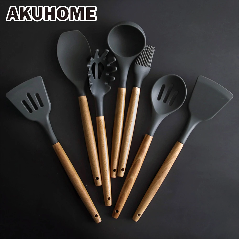 Silicone Kitchen Set Cooking Tools Utensils Set Spatula Shovel Soup Spoon with Wooden Handle Special Heat-resistant Design Silicone Kitchen Set Cooking Tools Utensils Set Spatula Shovel Soup Spoon with Wooden Handle Special Heat-resistant Design
