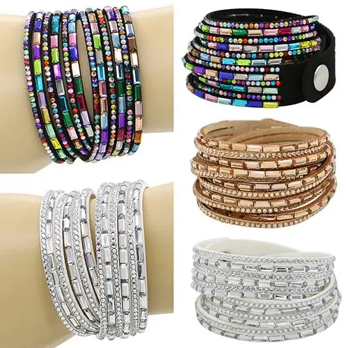 

2018 Unisex Women's Men's Fashion Multi-Layers Rhinestones Faux Leather Wrap Bangle Bracelet