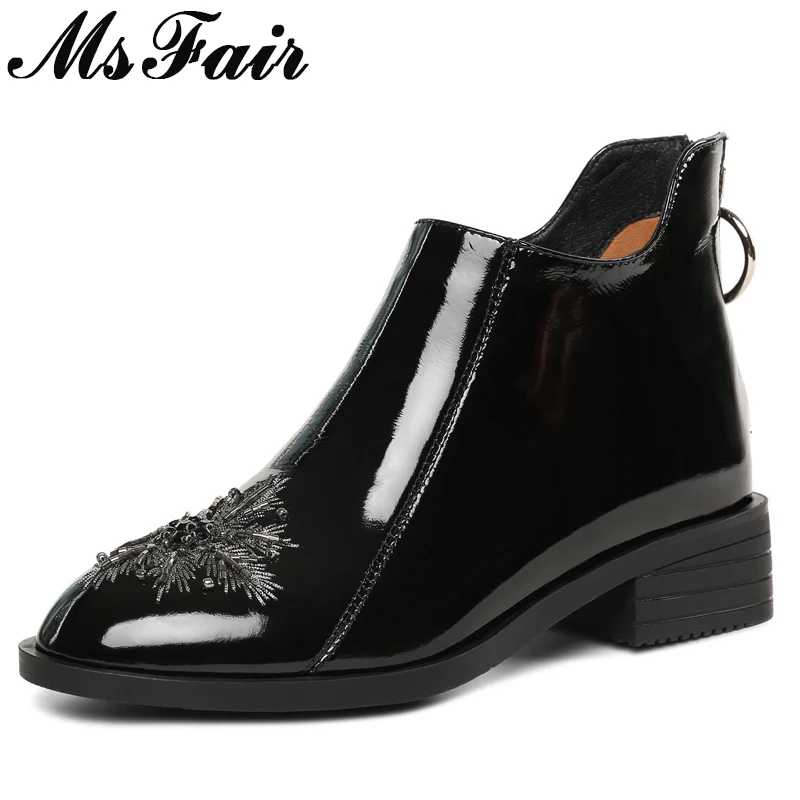 

MsFair Round Toe Med Heel Women Boots Genuine Leather Zipper Crystal Ankle Boots Women Shoes Elegant String Bead Boots Women