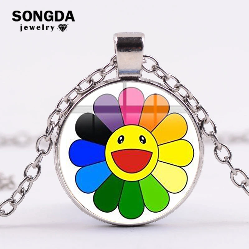 

SONGDA Japanese Murakami Takashi Rainbow Sunflowers Necklace 16 Style Match Colors Cartoon 3D Printed Glass Dome Pendant Choker