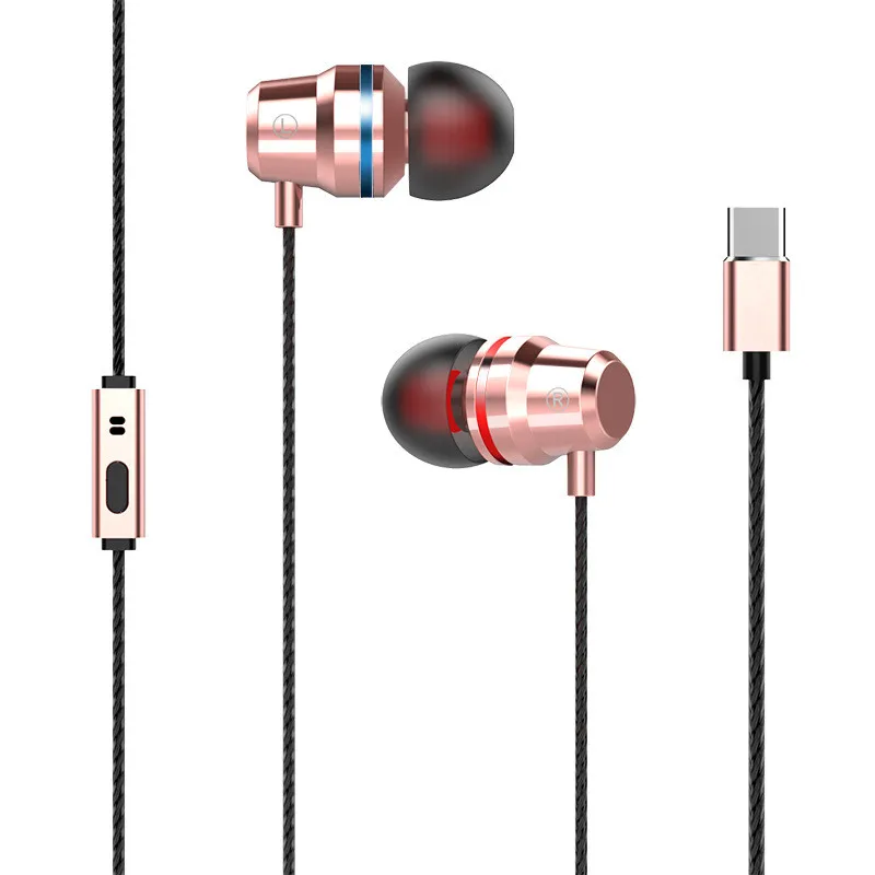 Fanshu In Ear Metal Earphones Type c Interface Stereo Noise Reduction Cancellation Outdoor Sports Wired Headset With Mic