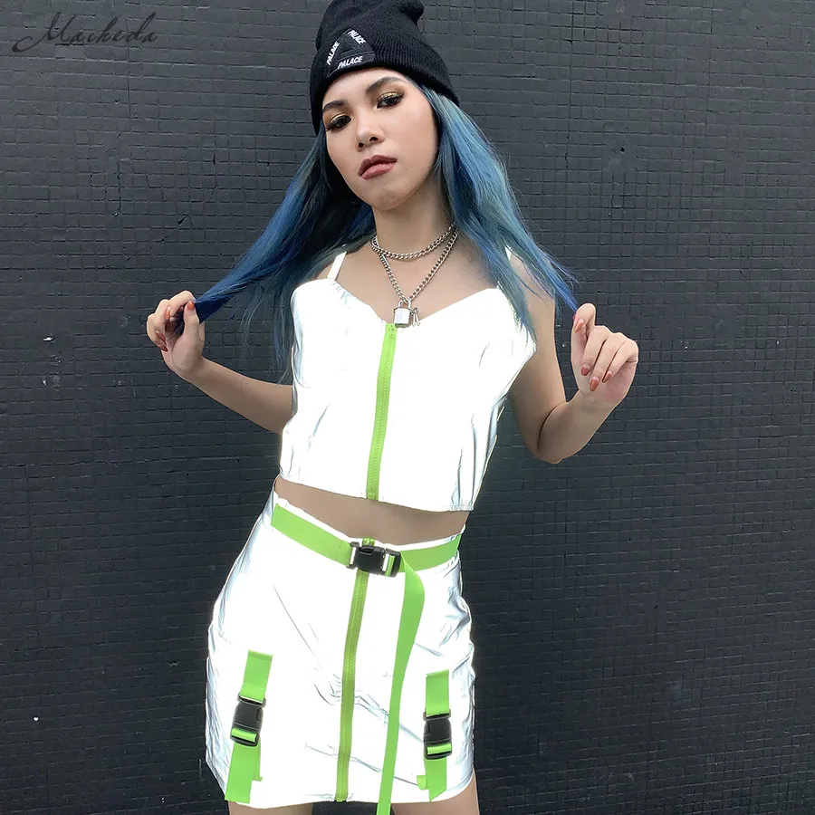

Macheda Fashion Reflective Summer Women Skirt High Waist Patchwork Silver Mini Skirts Package Pockets Pencil Skirt 2019 New