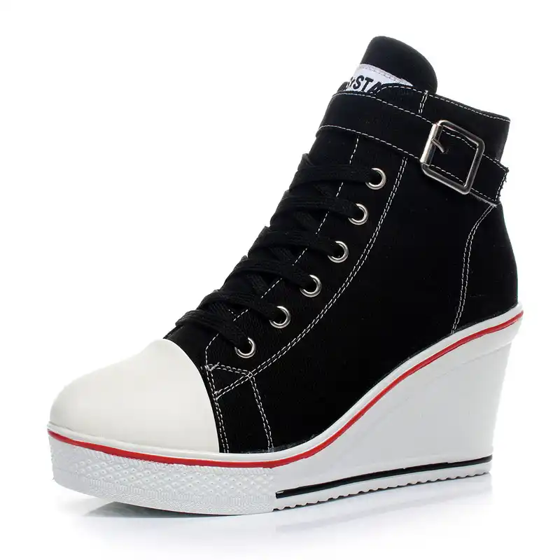Canvas Shoes Women Wedges Badge High Top Platform Shoes Woman White Black Casual Trainers Elevator Shoe High Heels Zapatos Mujer Women Denim Canvas High Heels Sneakers Trainers High Top Ankle Wedge Sneaker Rivet Sneakers (UK 5 (EU 38))