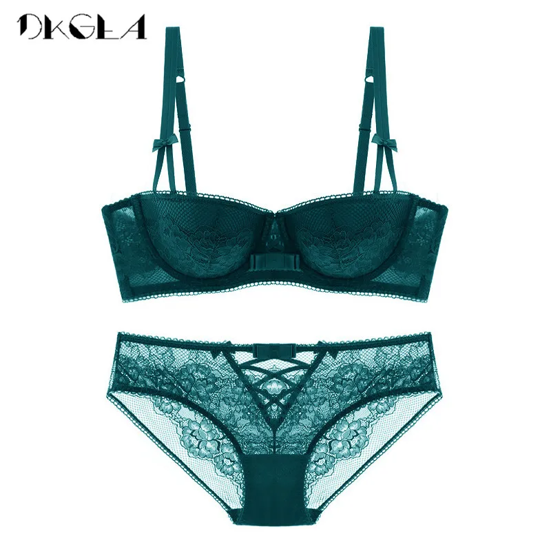 

2019 Green Bra Set Women Embroidery Sexy Lingerie Push-up Bra and Panties Sets Thin Cotton Underwear Set Lace Black Brassiere