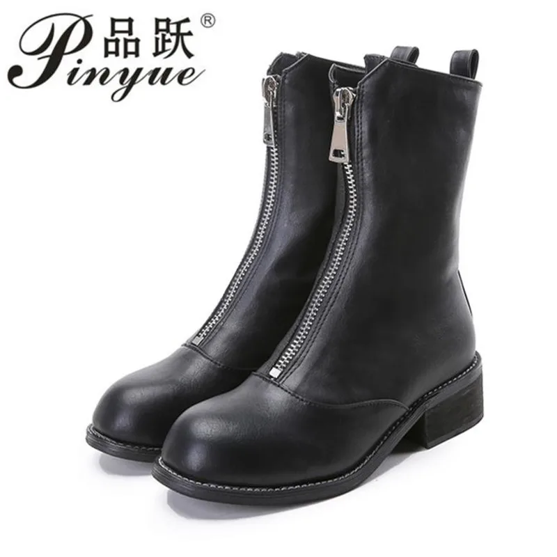 

Women Genuine Leather Winter Boots Ankle Boots with Zipper in Front 4cm Heels white Black Plus size 34-42