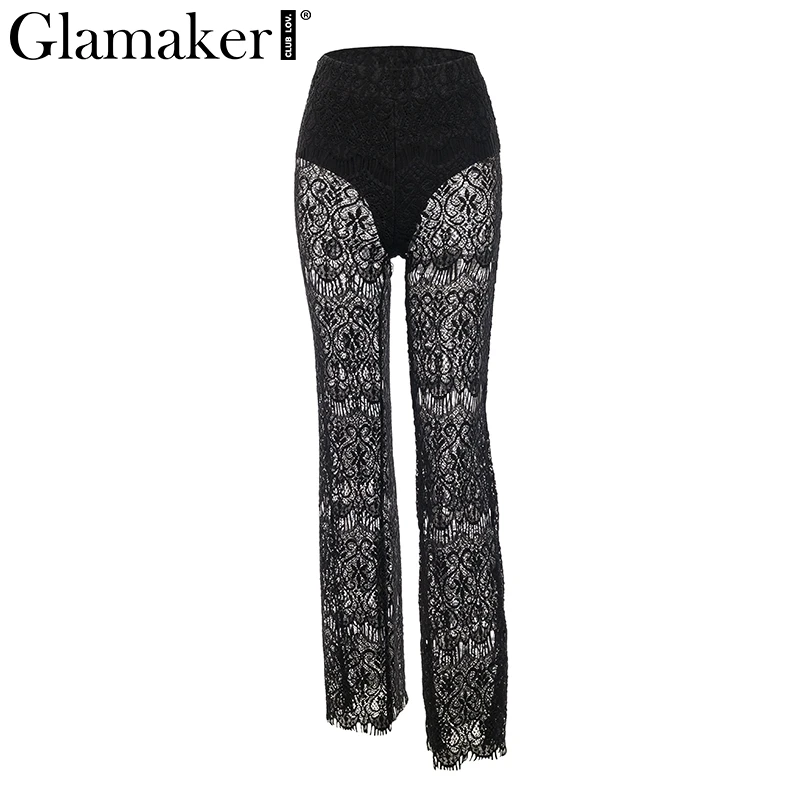 

Glamaker Black transparent high waist lace pants Women summer sexy capri pants Female casual pants party club trousers bottoms