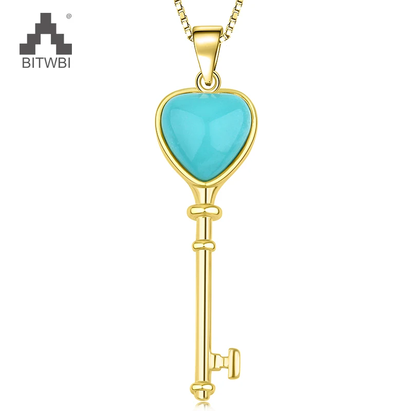 

Hot 925 SterlingHeart Shape Natural Turquoise Stud Earrings Key Pendant Necklace Pendant Ring Gold Color Delicate Jewelry Sets