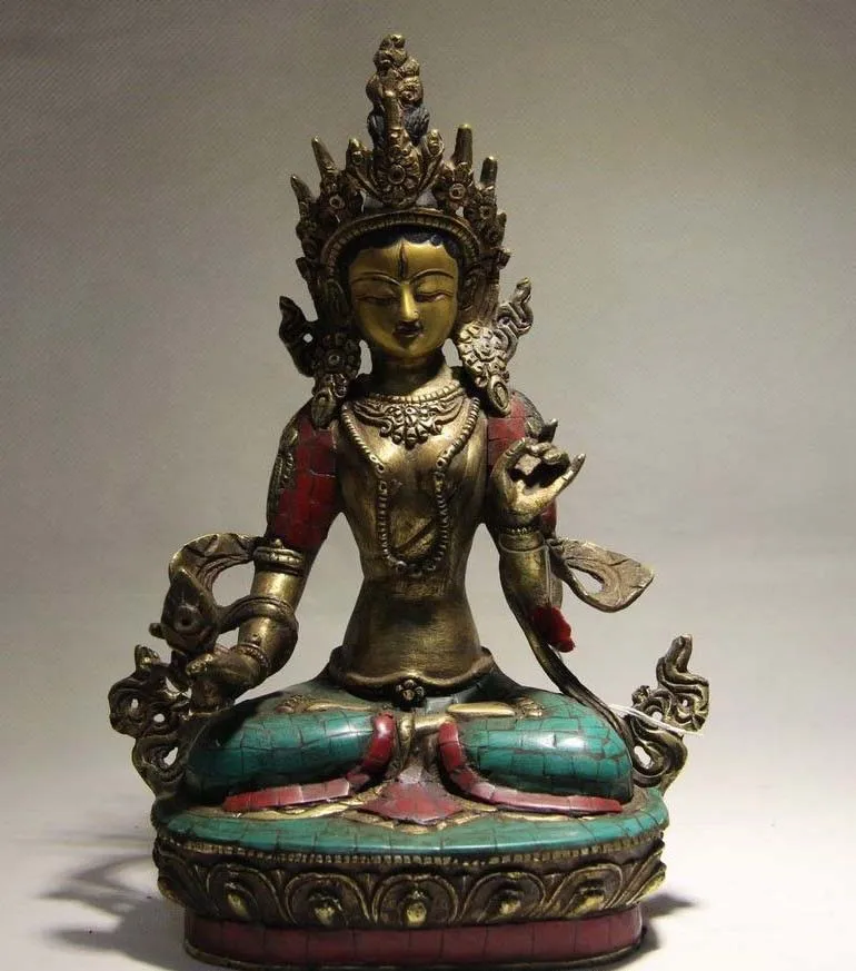 

Tibet Buddhism Fane Copper Inlay Turquoise Coral Ruby Beryl Tara Kwan-yin Statue