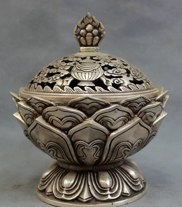 

S4032 8" Tibet Silver Buddhist 8 Auspicious Symbol Statue Lotus Incense Burner Censer D0317