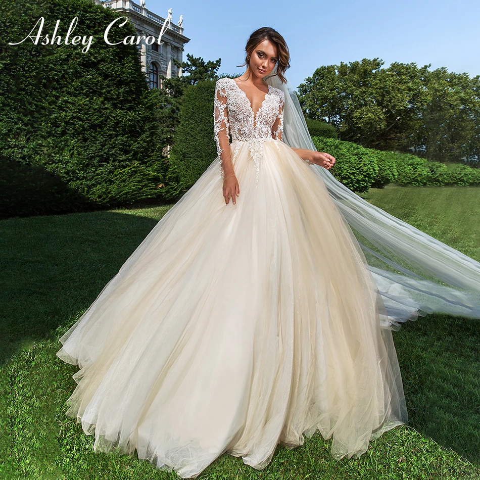 

Ashley Carol Sexy V-neckline Long Sleeve Illusion Back Wedding Dress 2019 Tulle Bride Dresses Court Train Princess Wedding Gowns