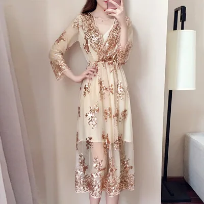 

V neck long sleeve sequin party dress women Sexy mesh Mid-length Chiffon dress