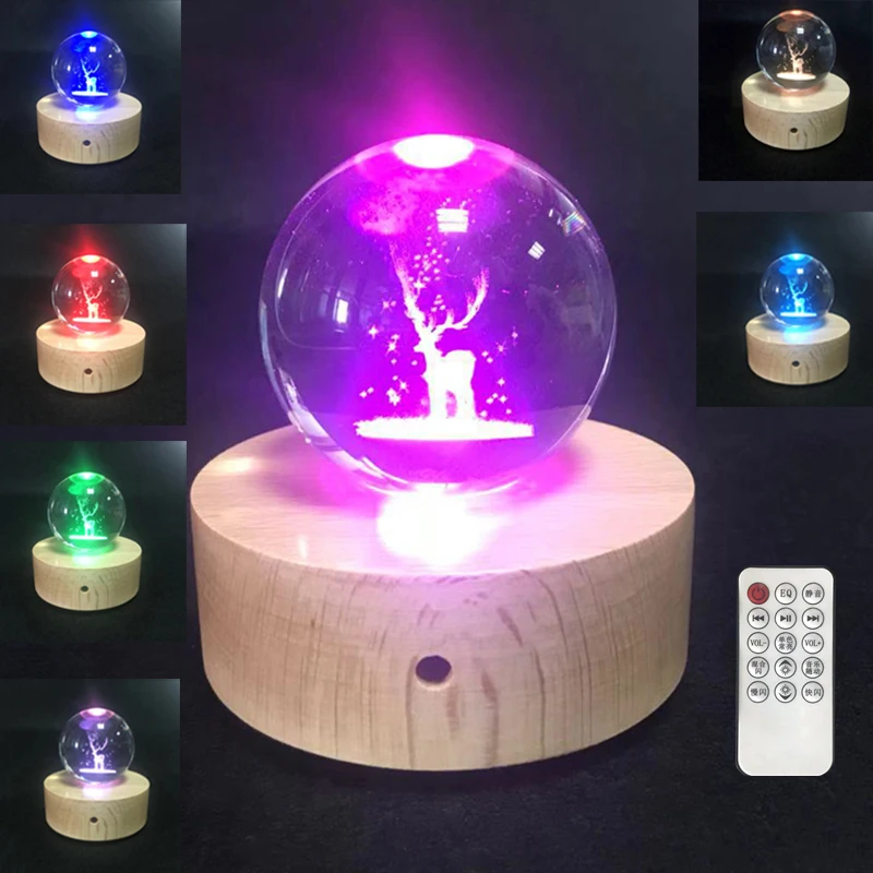

3D Crystal Ball LED Night Light Music Box With Projection Lamp Wooden Base Elk Bear Dandelion Leaf Shape Birthday Christmas Gift