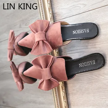 

LIN KING Casual Women Flock Pointed Toe Flats Slippers Big Size Sweet Bowtie Slip On Summer Lazy Shoes Fashion Outdoor Slides