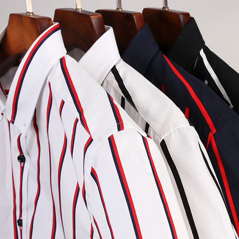 Dress Shirts Men Contrast Black/white Wide Striped Cotton Long Sleeve