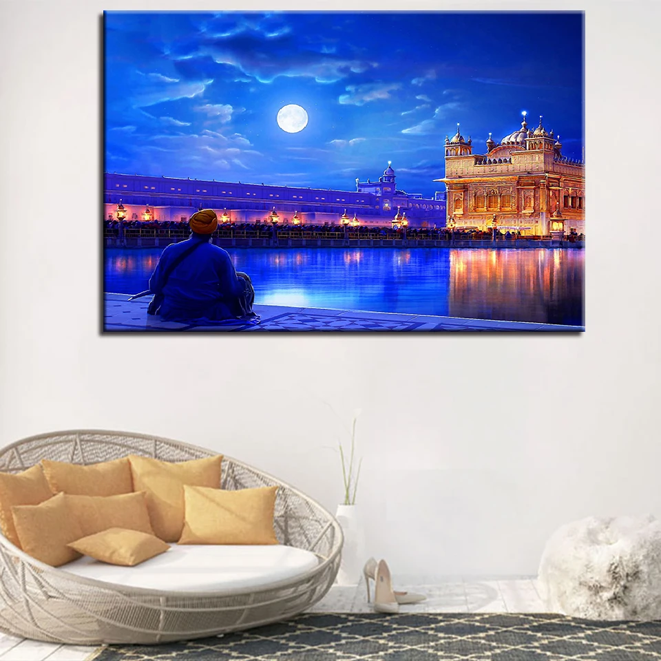 

Canvas Wall Art HD Prints Poster Home Decor Framework 1 Piece/Pcs India Golden Temple Paintings Moon Blue Night Scene Pictures