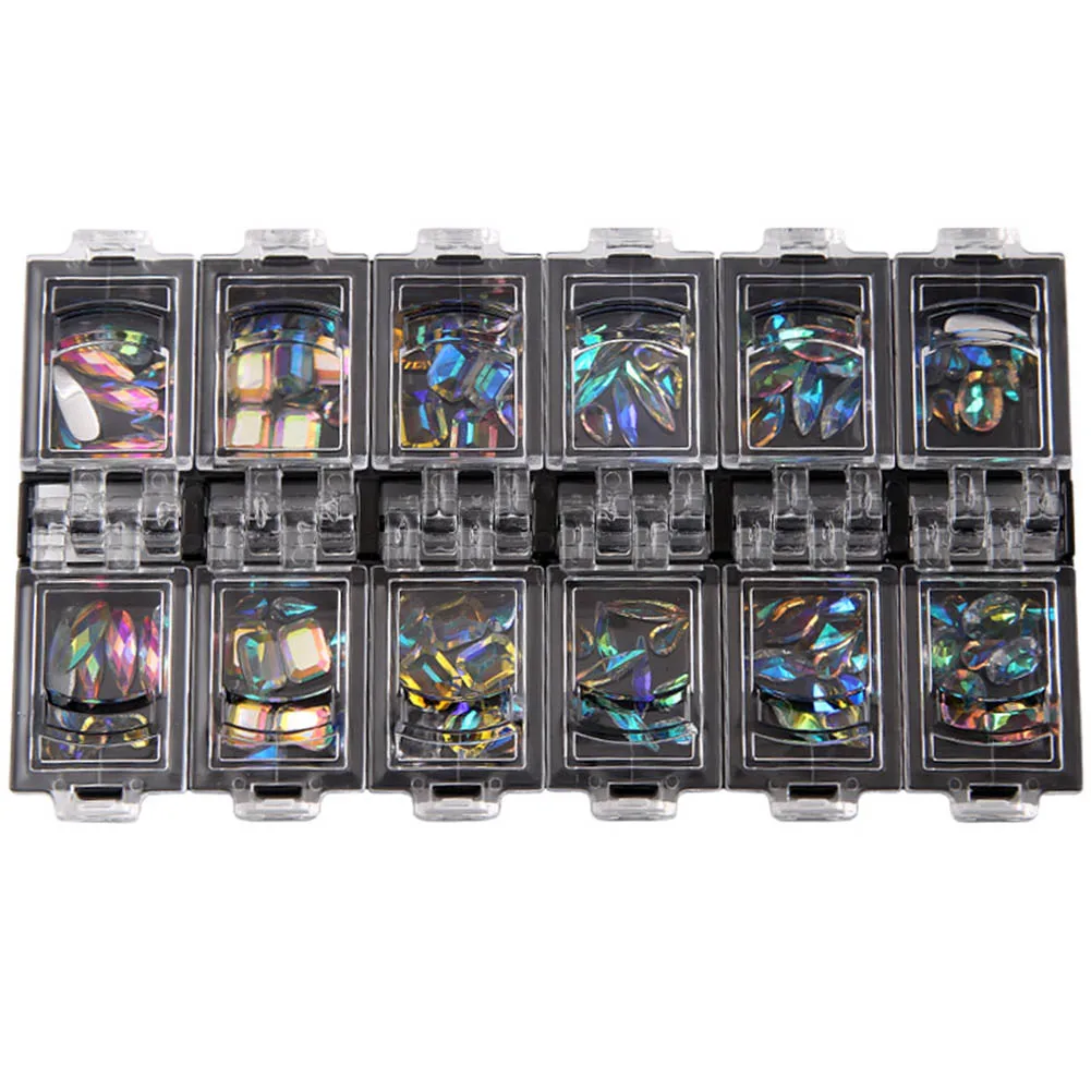 

12 Box/Set 3D Nail Art Colorful Clear Crystal Mixed Size Lady Nails Tips Decals Decoration With Storage Box Container OR88