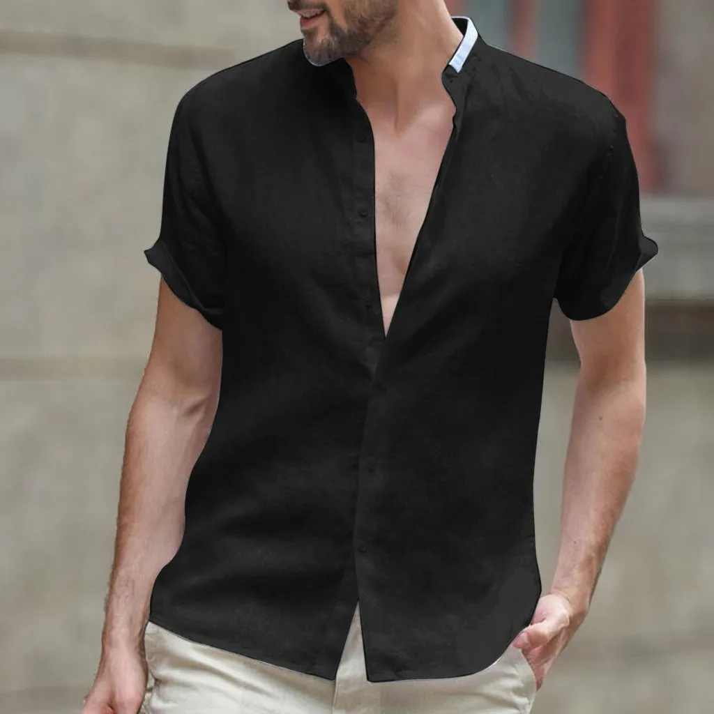 2019 Spring Summer New Pure Black Linen Cotton Shirts Men Cool ...