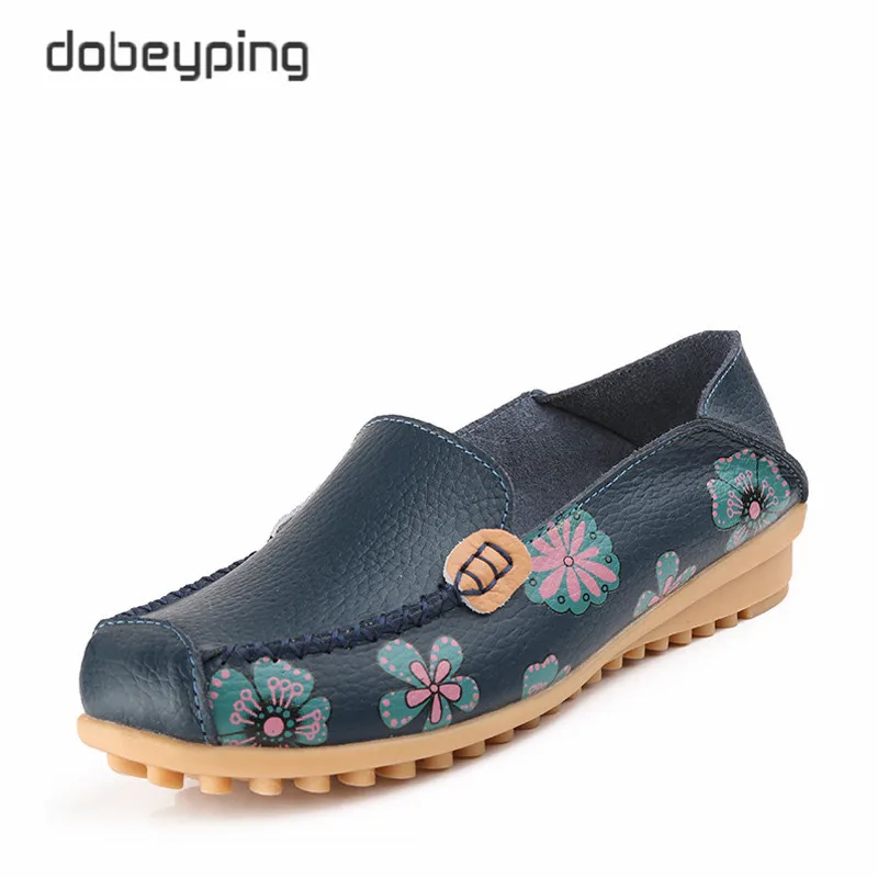 Prix Dobeyping Printemps Automne En Cuir Véritable Femmes Chaussures Mocassins Chaussures Femme Glisser Sur Les Femmes Appartements Impression Fleur Mère Mocassins
