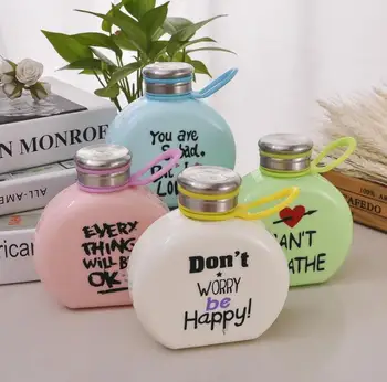 

20 pcs/lot 300ML Flat Paper Cartoon water Bottle Students coffee glass bottle Creative Portable Plastic Gifts SN1393