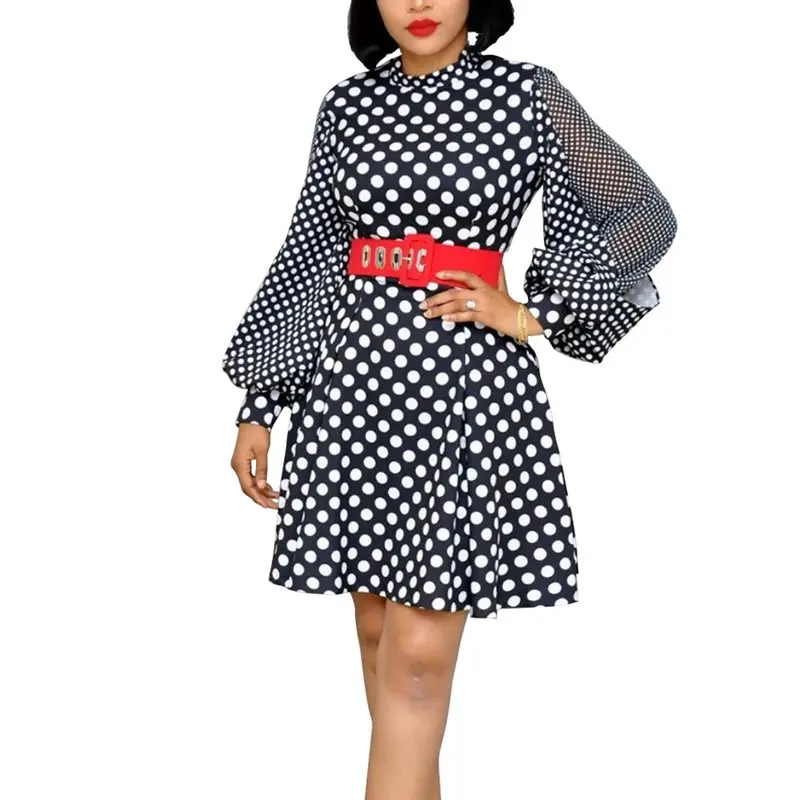 

Ladies dress plus size lantern long sleeves polka dots retro commuter A-Line women's clothes 2019 autumn dresses with belt