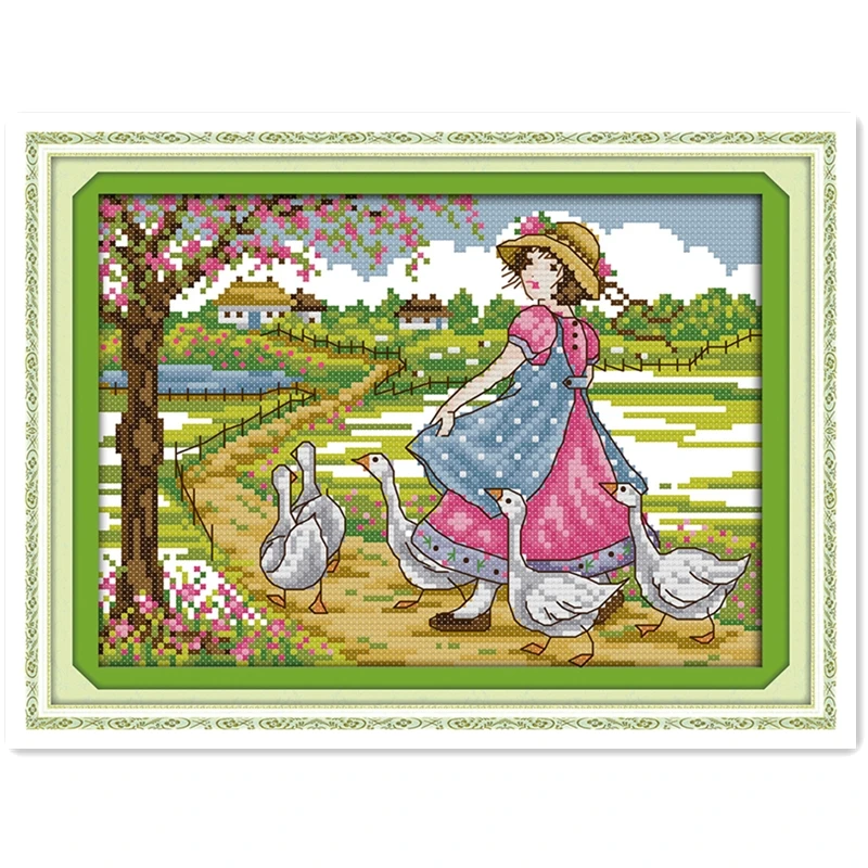 

Grazing Geese Girl DMC Cross Stitch Fabric Painting Chinese Counted Cross Stitch Patterns Kit Embroidery Cross Set Home Decor
