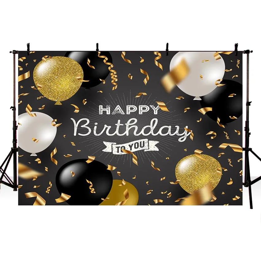 

Indoors Birthday Party Photography Backdrops Ballons Ribbongolden Black Photo Background Computer Printed Backdrops for Studio