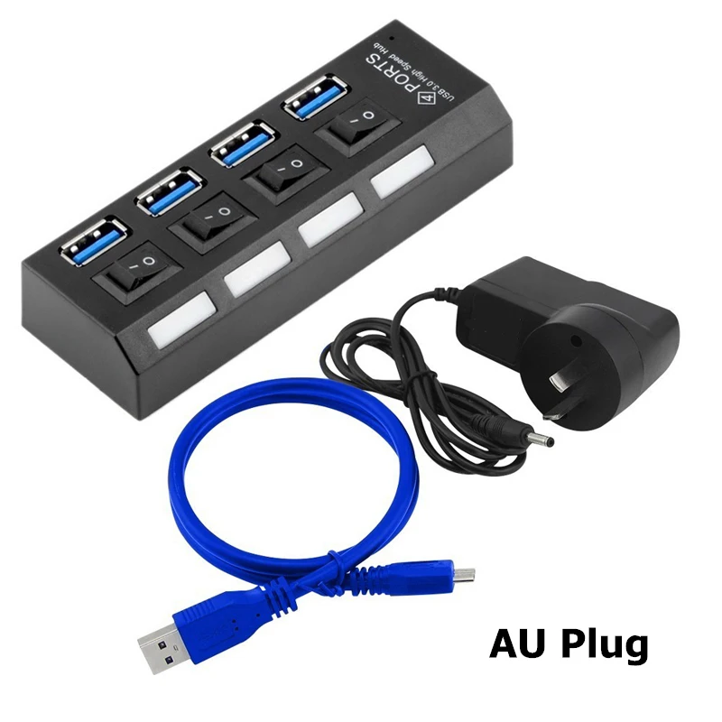 Мини usb-хаб 3,0 Супер скорость 5 Гбит/с 4 порта Портативный Micro USB 3,0 концентратор разветвитель с внешним 5В 2A адаптер питания аксессуары для ПК - Цвет: Black and AU Adapter