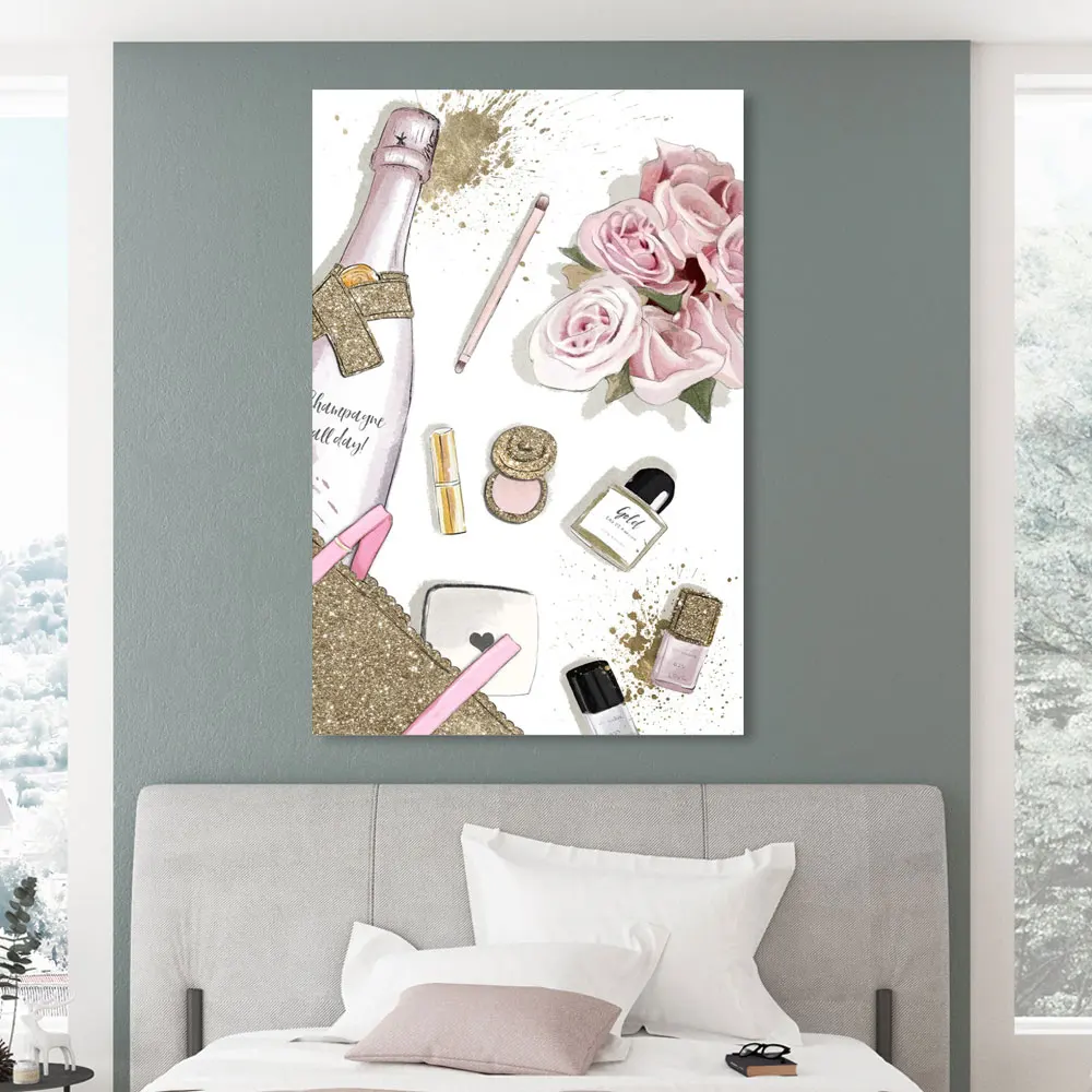 

Wall Art Canvas Painting Pink Champagne Lipsticks Perfume Nordic Poster And Print Watercolor Wall Pictures For Living Room Girl