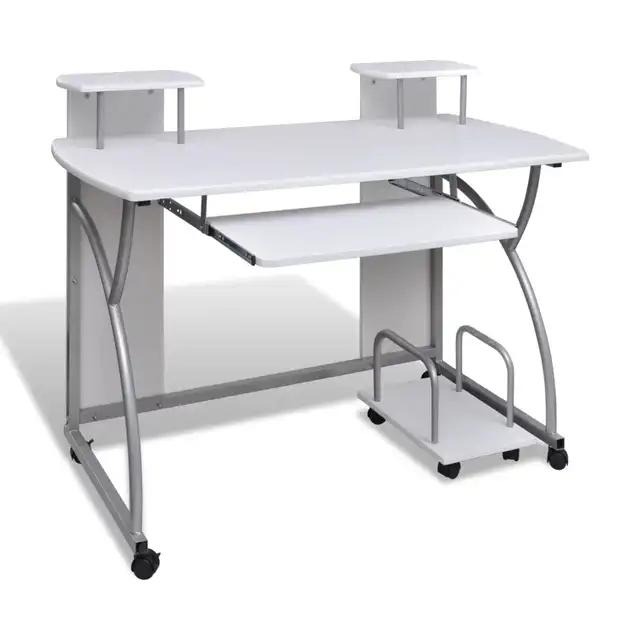 Mobile Computer Desk Pull Out Tray White Finish Furniture Office