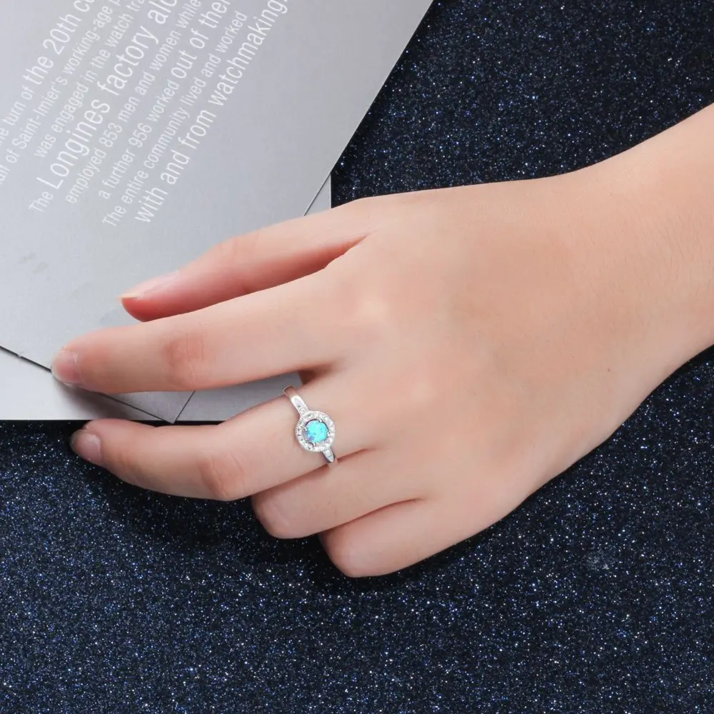 Silver Color Round Blue Opal Rings Women Zircon Wedding Jewelry Birthday Gift Girlfriend (Lam Hub Fong) silver ring silver rings