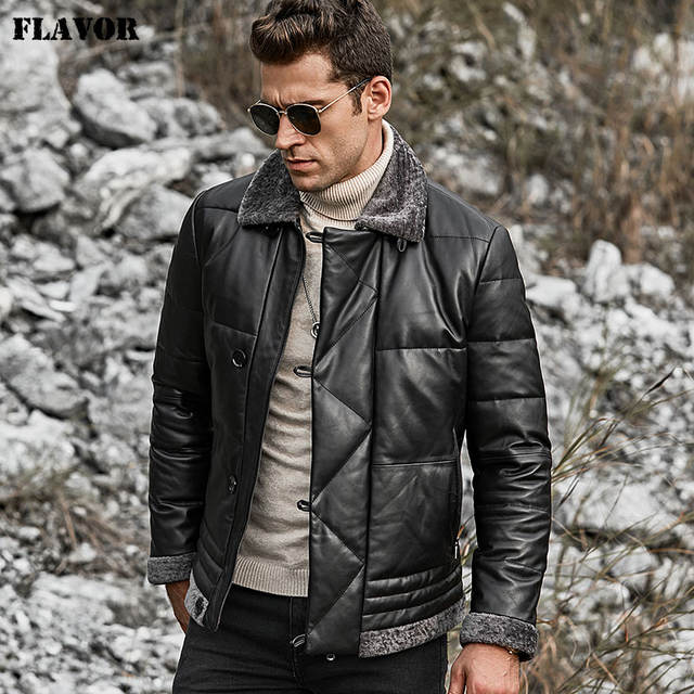 FLAVOR Men’s Real Leather Down Jacket Men Genuine Lambskin Winter Warm Leather Coat with Turn Down Sheep Fur Collar
