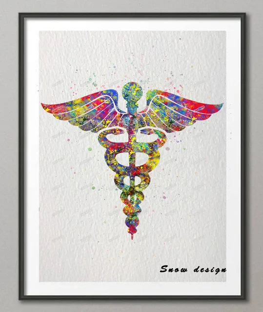 Original Medicine Symbol Caduceus watercolor canvas painting Anatomy