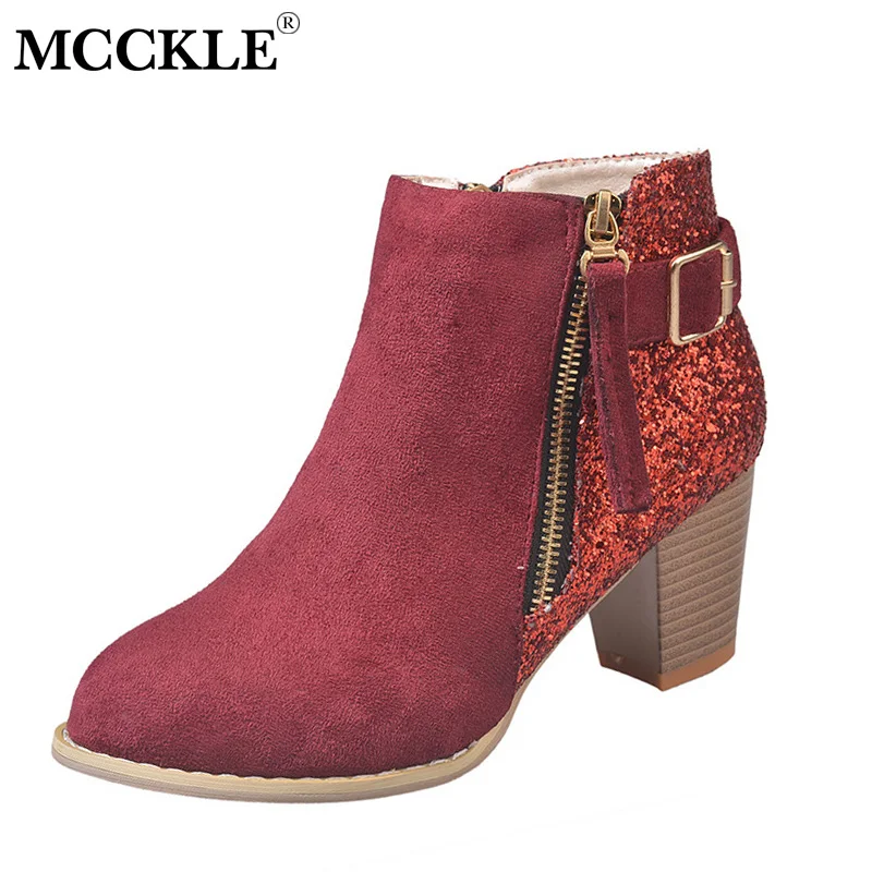 

MCCKLE Autumn Women Bling Ankle Boots Plus Size High Heels Flock Zipper Glitter Female Casual Shoes Black Heel Short Botas Lady